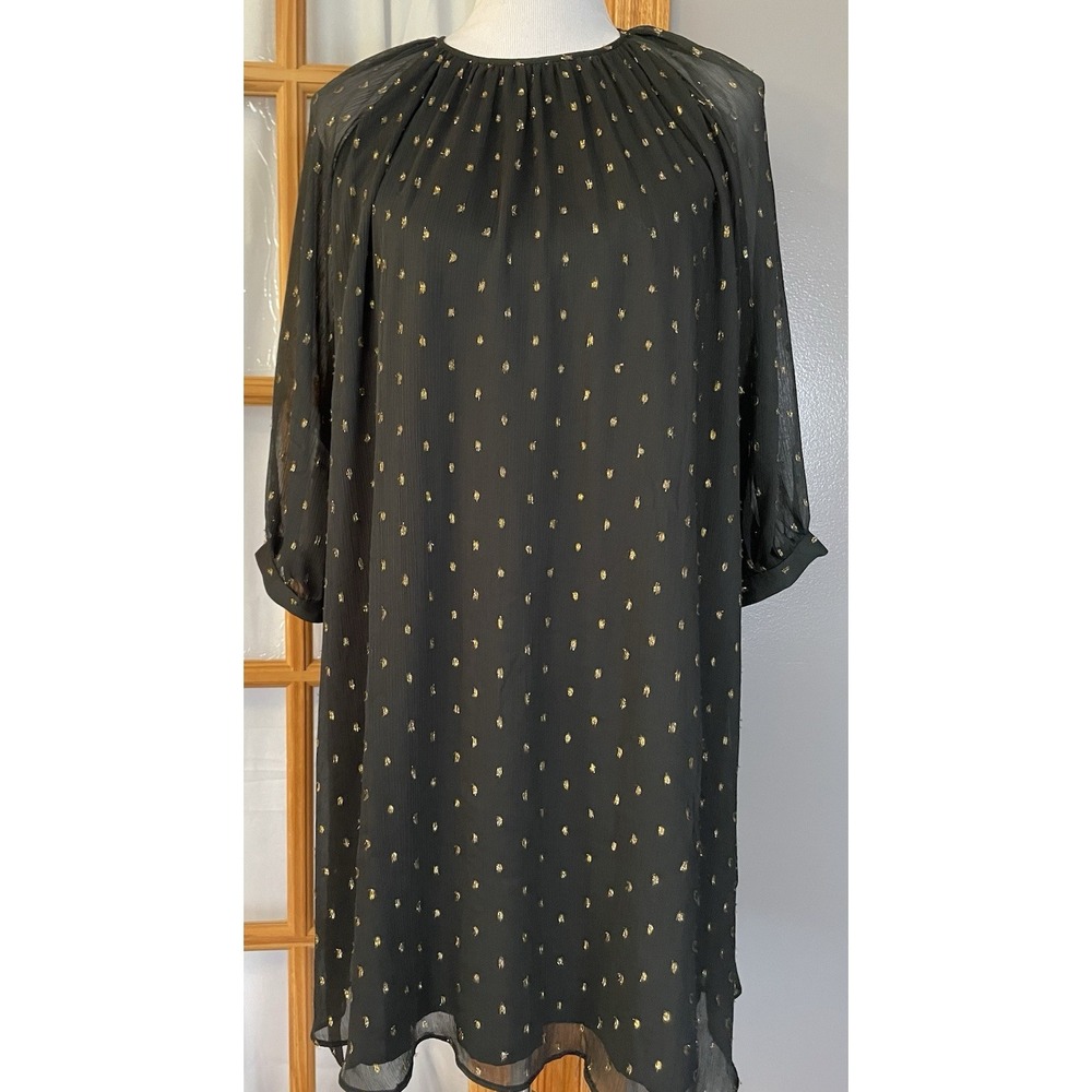 90s Ann Taylor Belted Dress PS Black Metallic Gold Sheer Goth Modern Party City - Picture 2 of 15